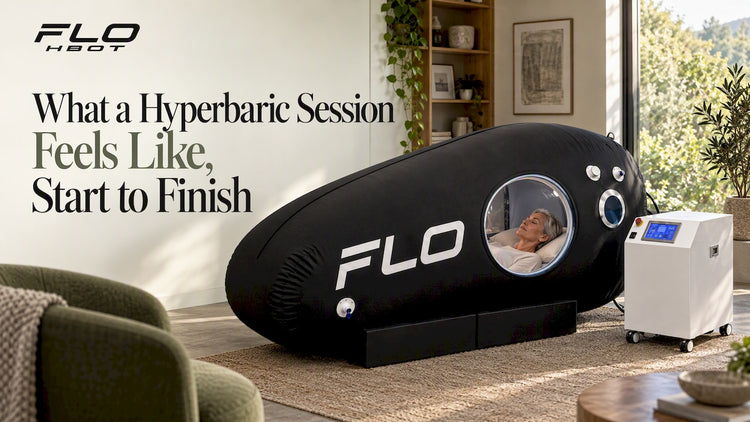 Woman reclining inside a home hyperbaric chamber